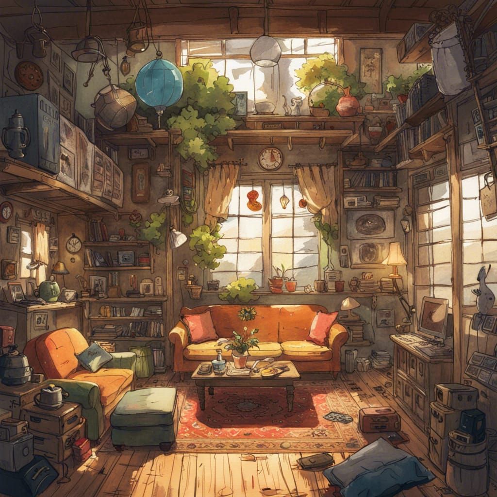 Charming Anime Living Room in Watercolor Style