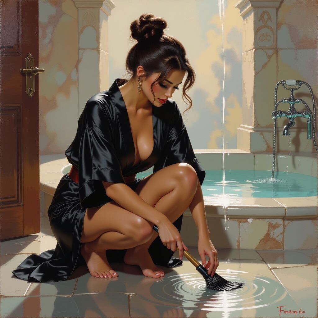 Woman Mops Water in Fantasy Oil Painting Style