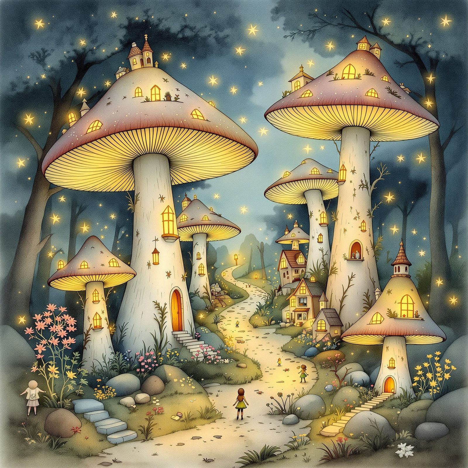 Enchanted Fairy Village in Glowing Mushroom Forest