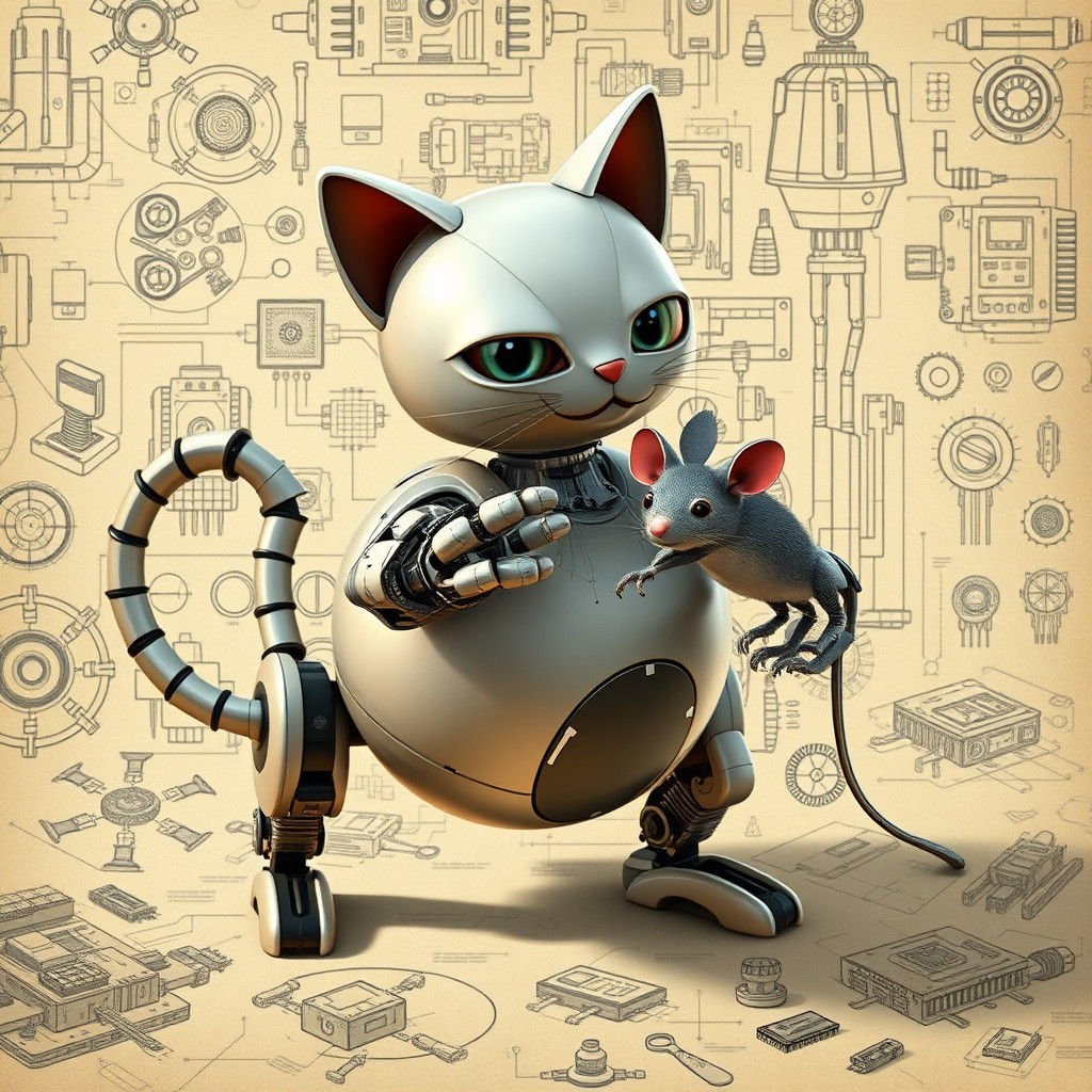 Robot Cat Captures Mouse in Futuristic Blueprint Art