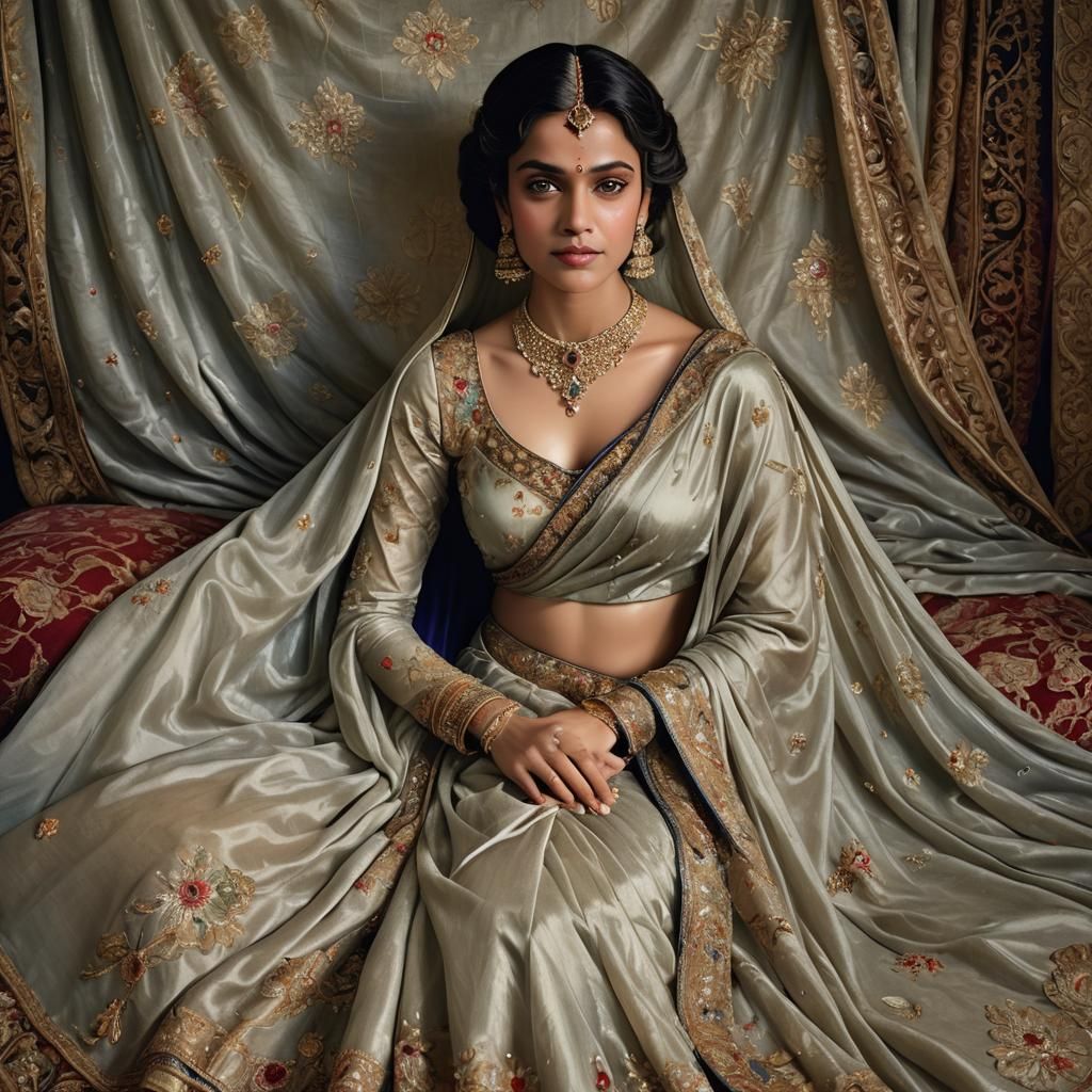 Regal Woman in Transparent Saree: Hyperrealistic Portrait