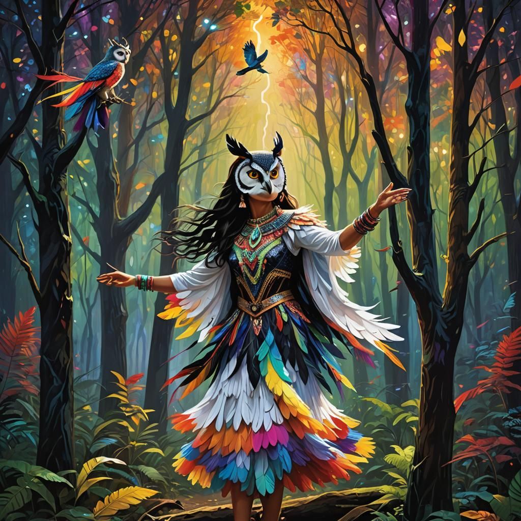 Mystical Forest Scene with Owl in Cubist Style