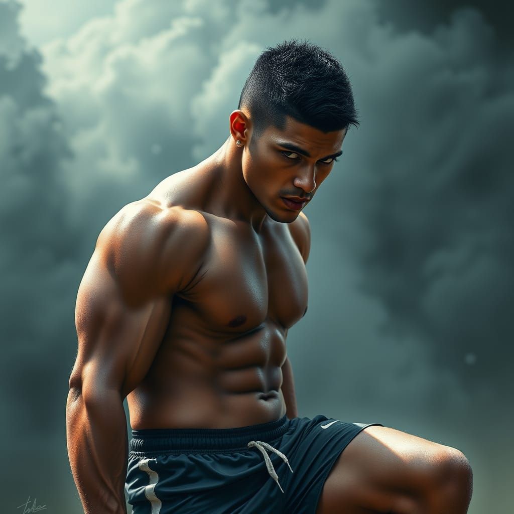 Muscular Man with Earrings in Cinematic Digital Painting Sty...