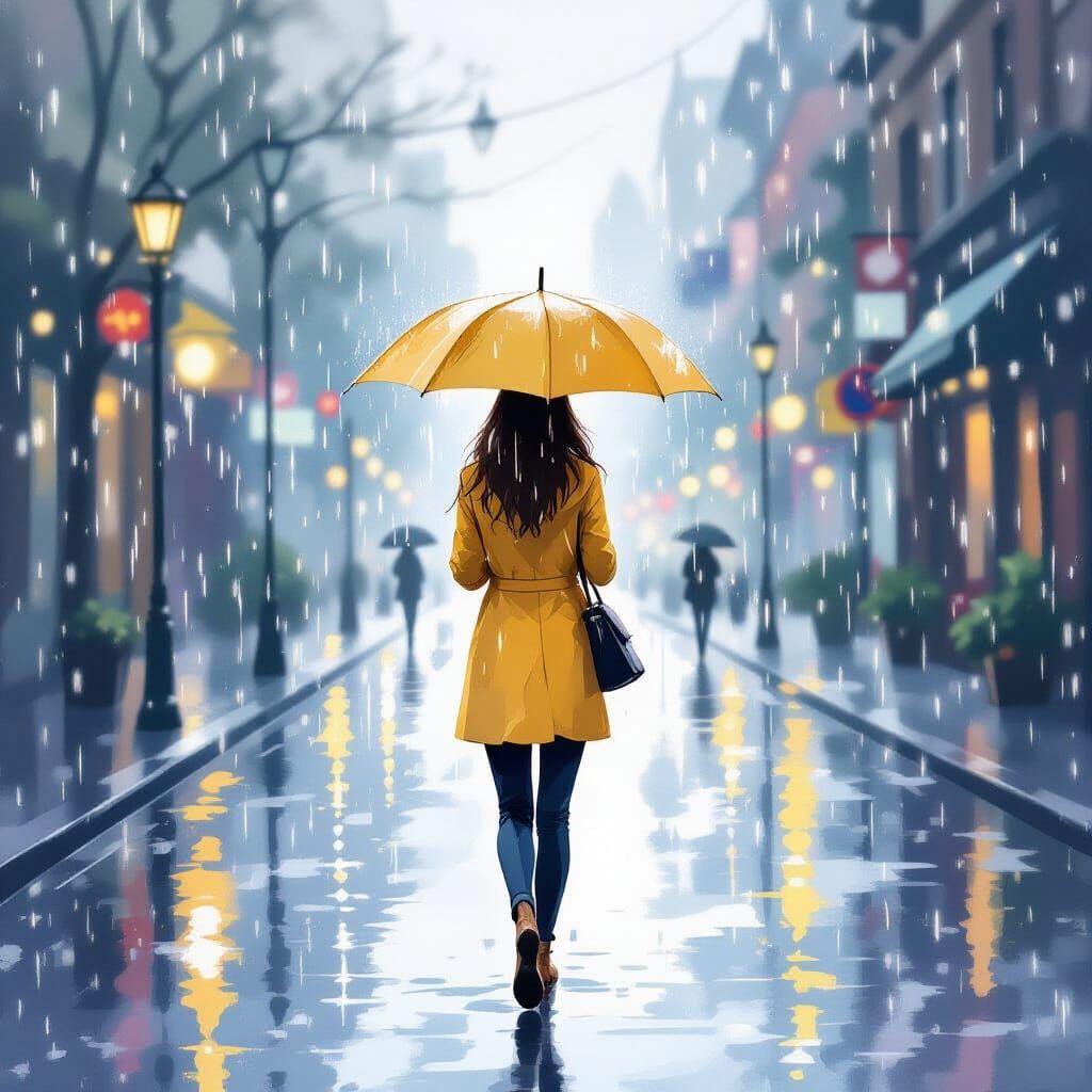 Rainy Street Scene in Watercolor Style