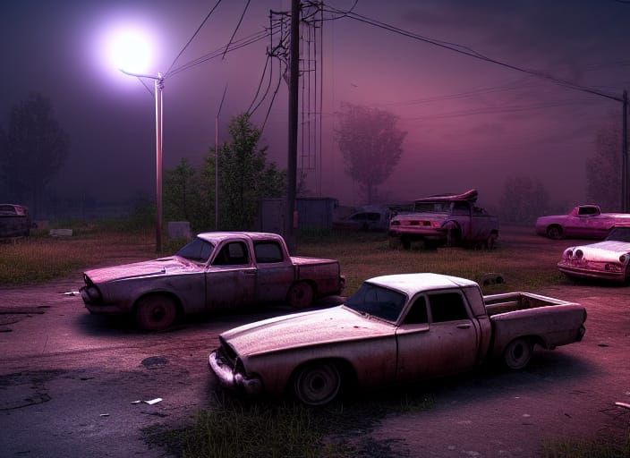 Night Roadside: Abandoned Vehicles in Hyperrealism
