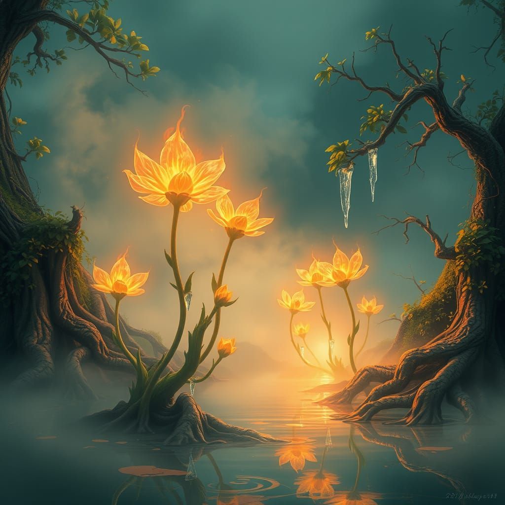Ethereal Flame and Ice Blossoms in Ancient, Mysterious Lake
