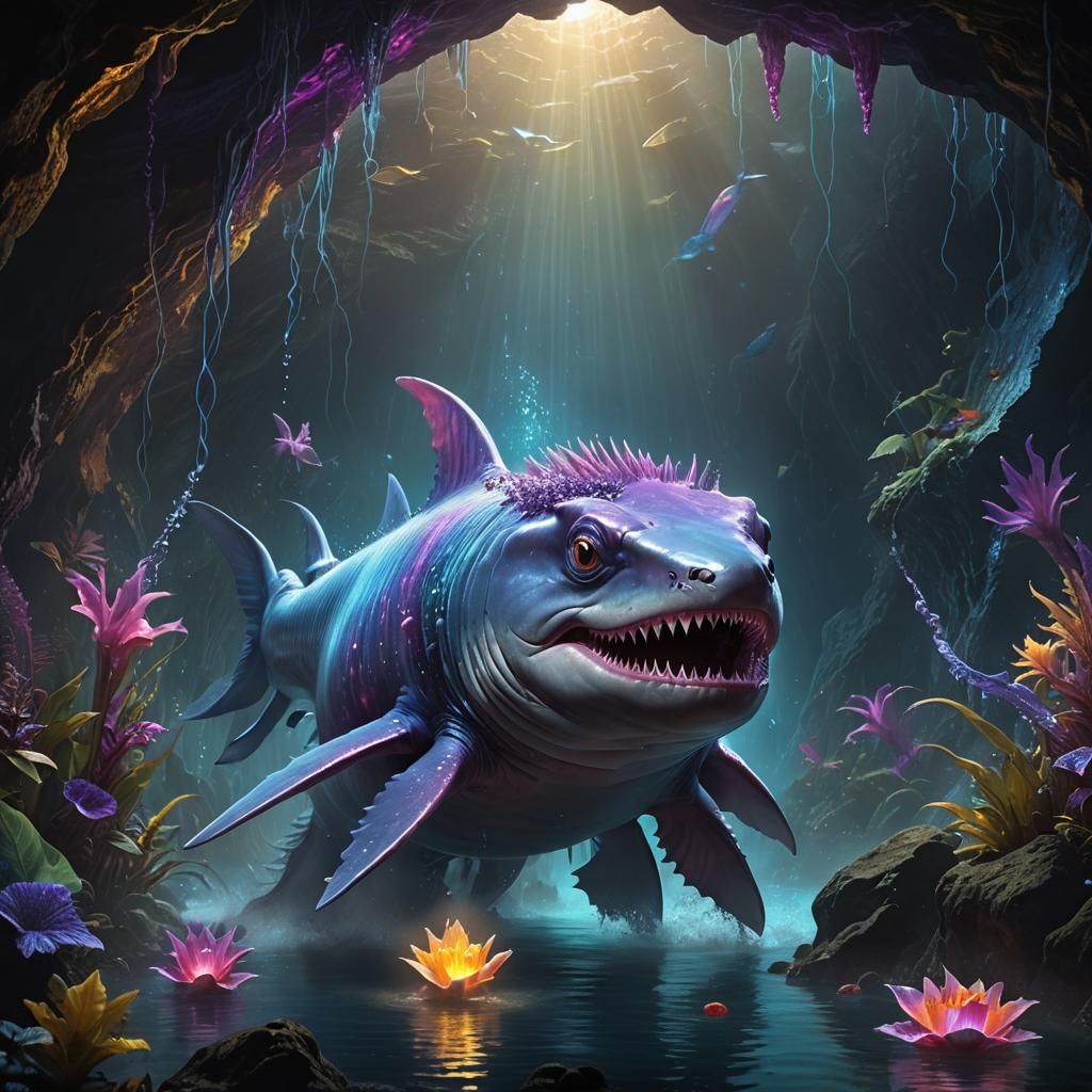 Megalodon-Axolotl Hybrid in Mystical Cave