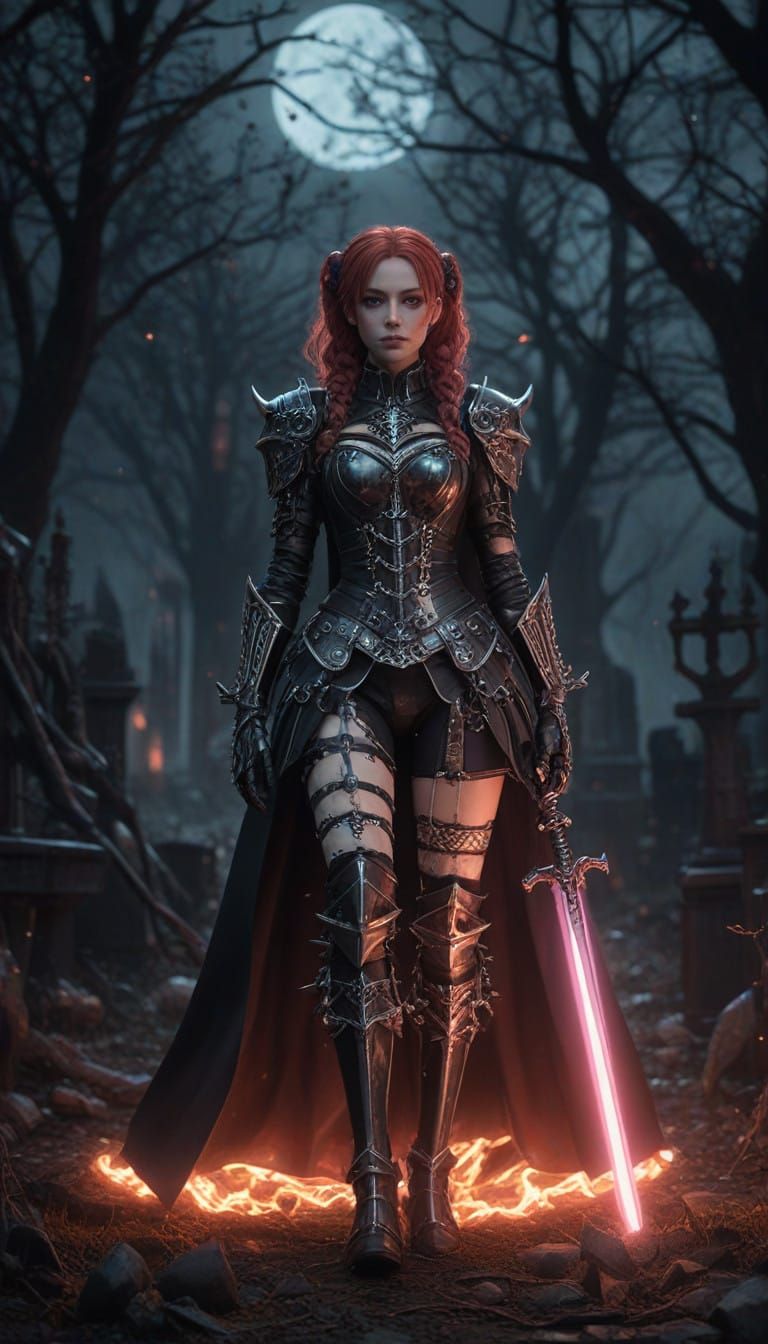 Anime Gothic Knight in Haunted Graveyard