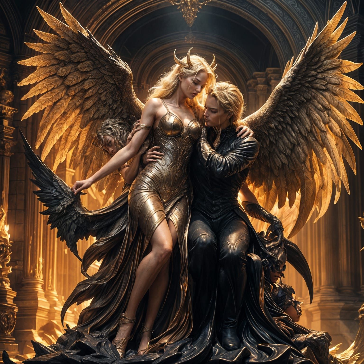 Demoness Embracing Statue in Ethereal Lighting