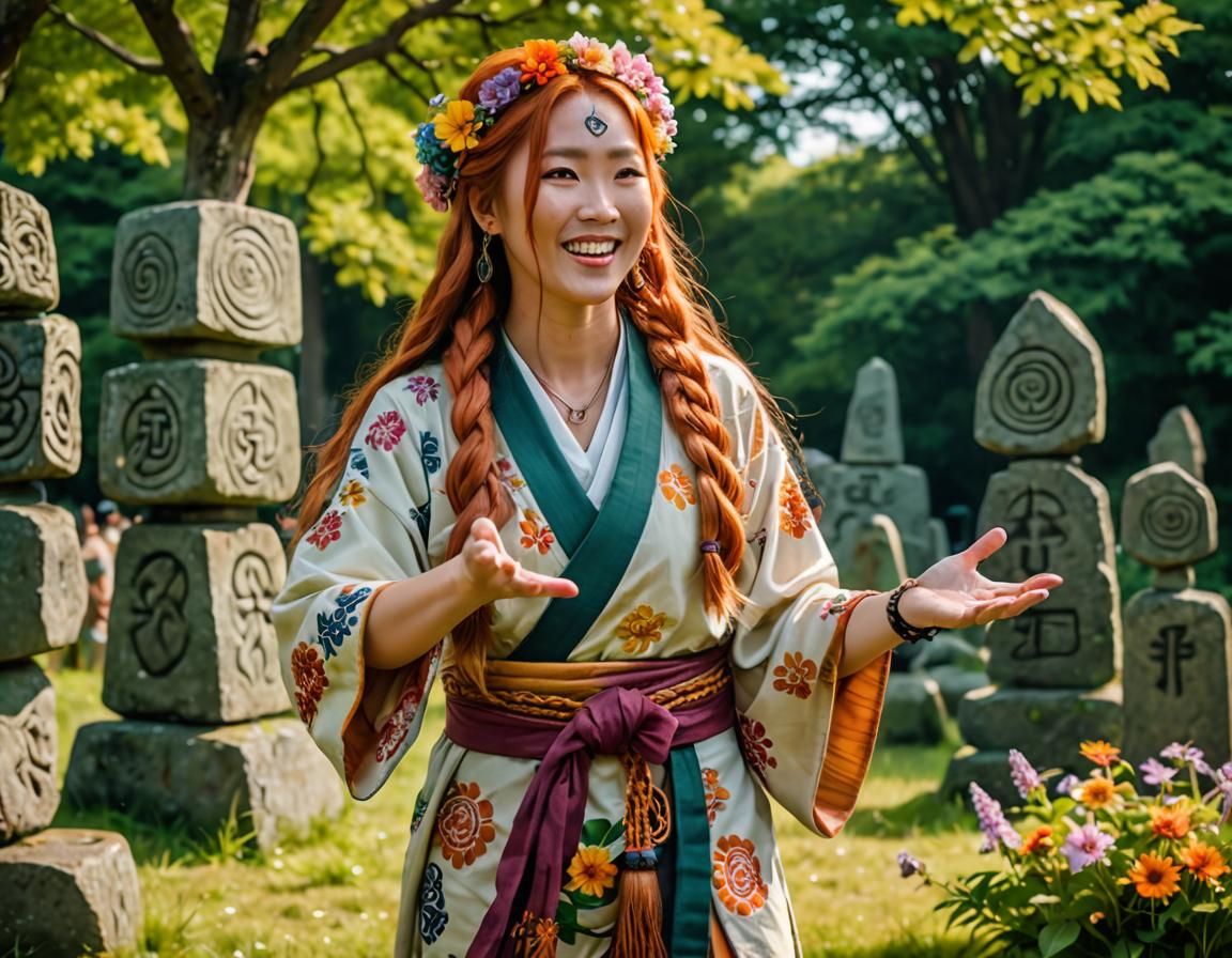 Hippie Japanese Woman with Flowers and Celtic Runes