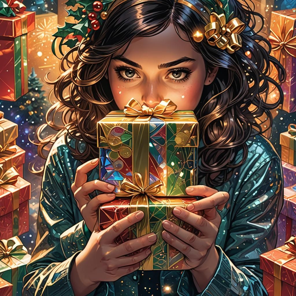 Hyper-Realistic Christmas Gift in Iridescent Wrapping, Comic...