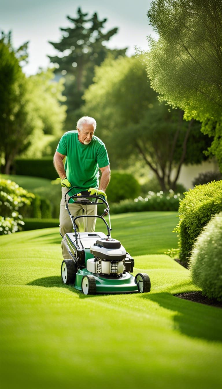 Man Mowing Lawn in Sunny Backyard Photo