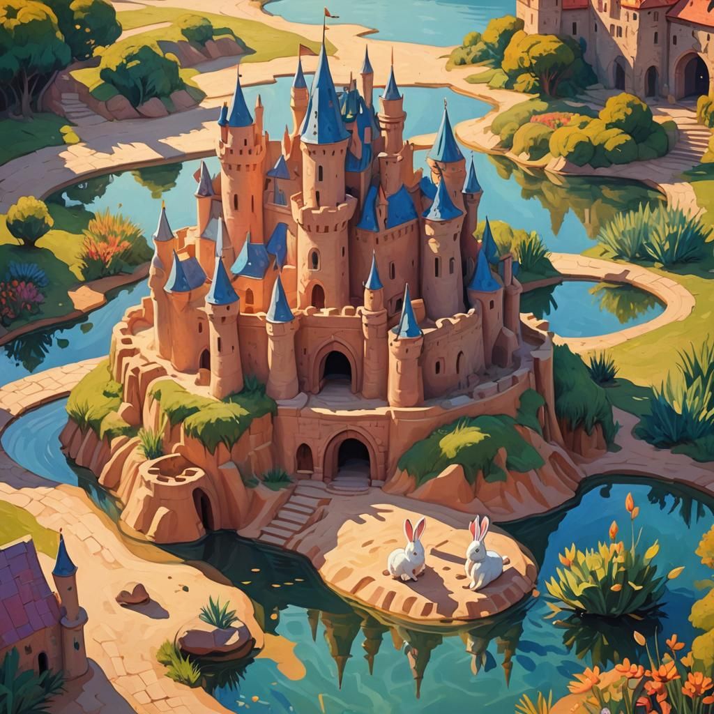 Whimsical Sandcastle Guarded by Rabbit: Fauvist Painting