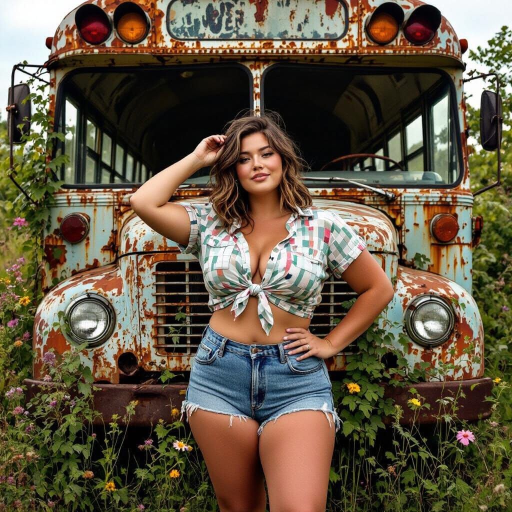 Joyful Woman Poses by Overgrown Abandoned Bus