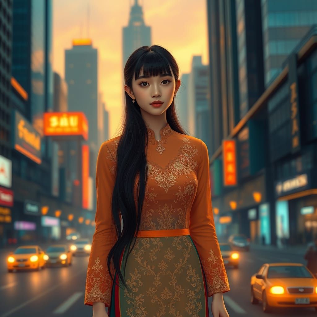 Serene Thai Beauty Amidst City Splendor in Art Nouveau Style