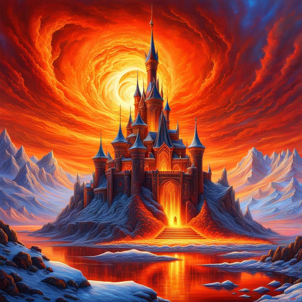 Icy Castle in Fiery Inferno Landscape