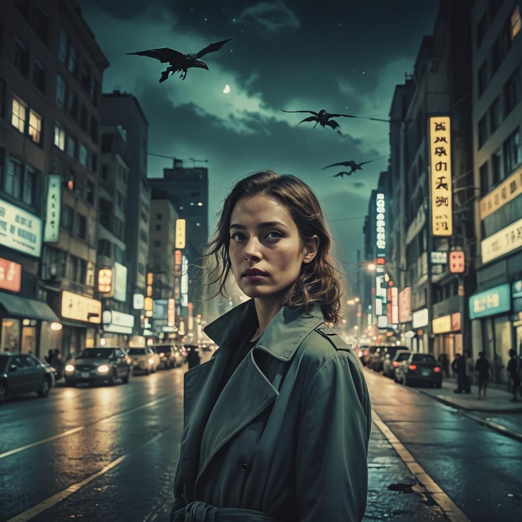 Surreal Cinematic Dream: Woman in City at Night