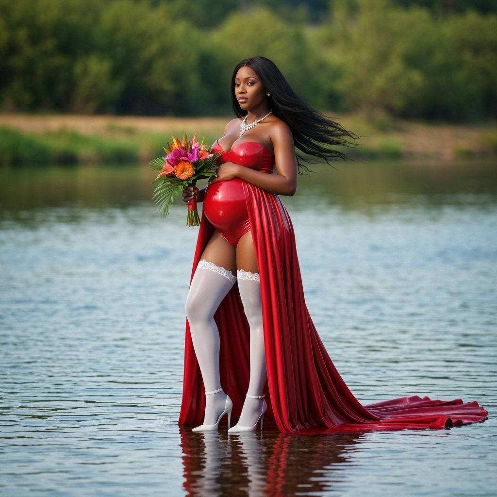 pregnant african  bride in latex traditional red bridle dress