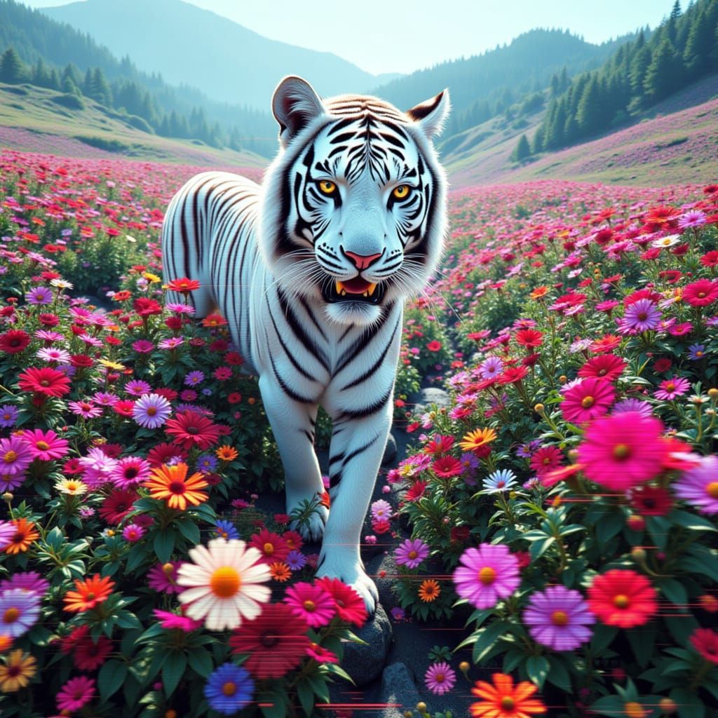 Majestic White Tiger in Glitched Wildflower Field