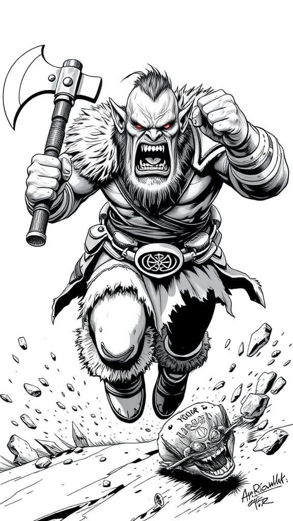 Warrior Orc Charges Forward in Black and White Line Art