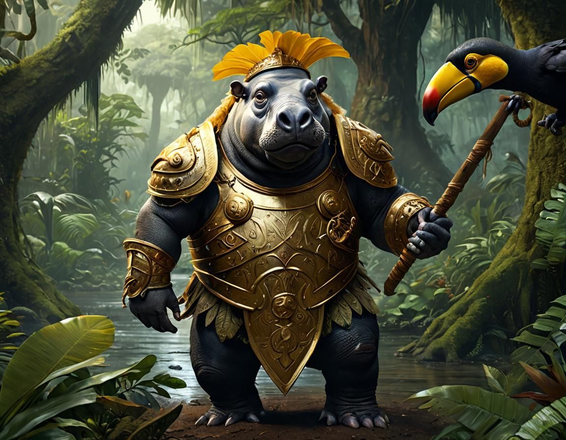 Amazonian Hippopotamus Warrior in Rainforest