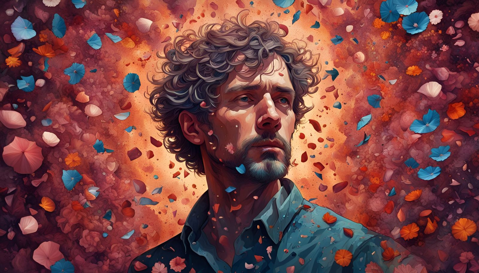 Man Dispersing into Flower Petals in Art Nouveau Style