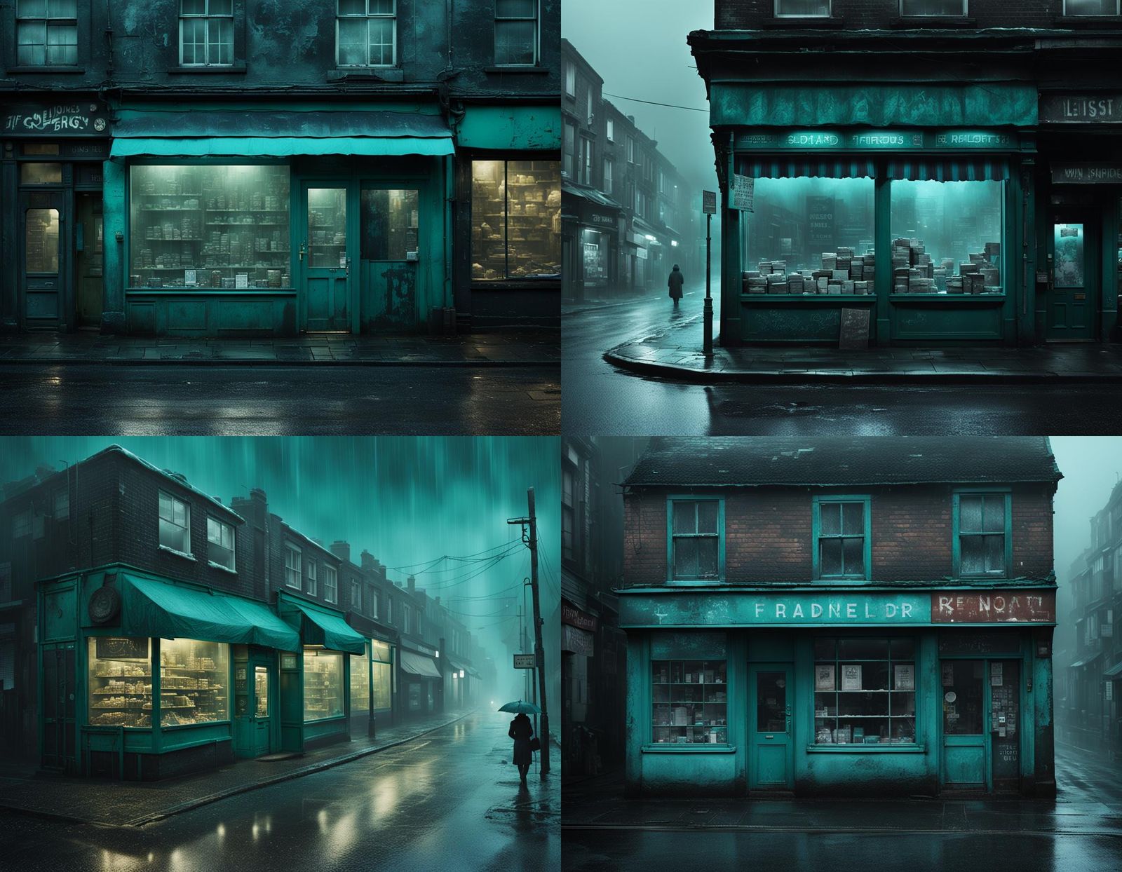 Dystopian Left-Handed Shops in Foggy Teal Atmosphere