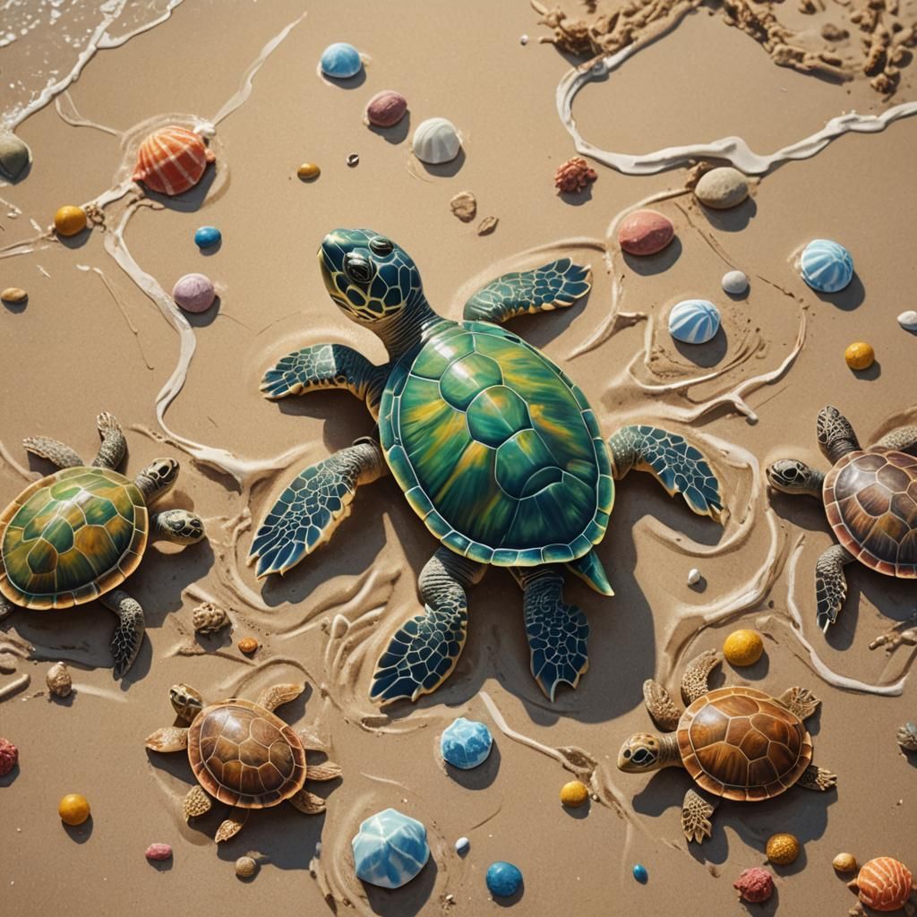 Hyperrealistic Turtle Family Portrait on the Beach