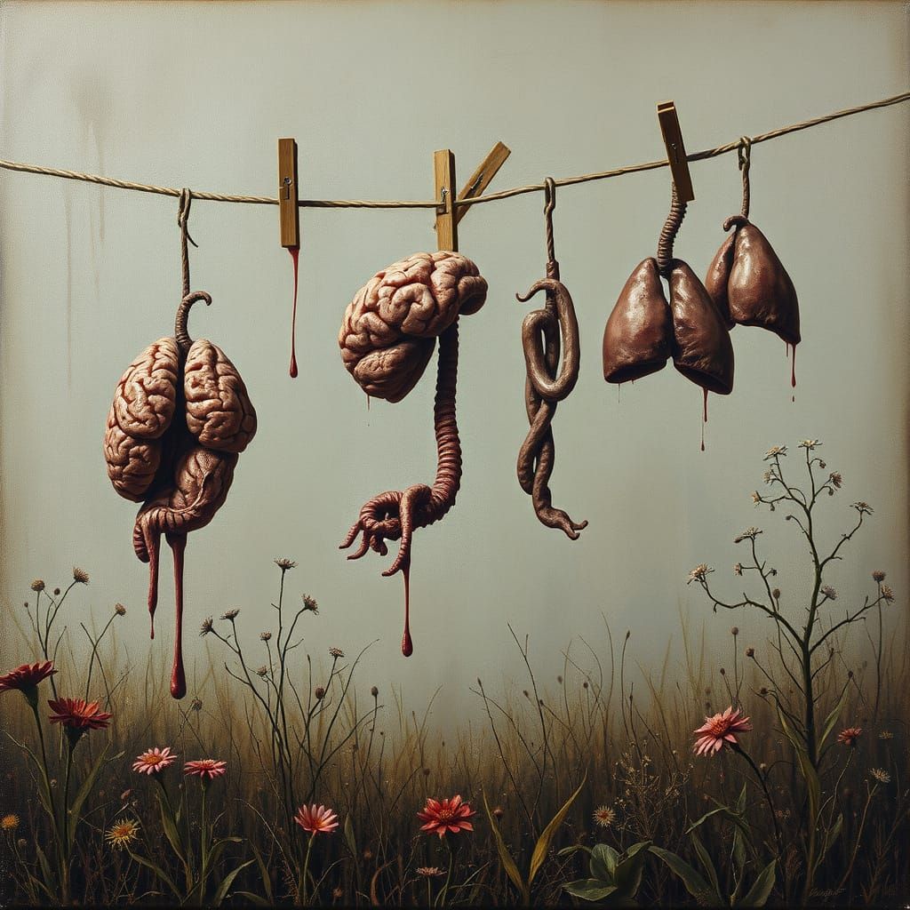 Surreal Clothesline in Desolate Garden