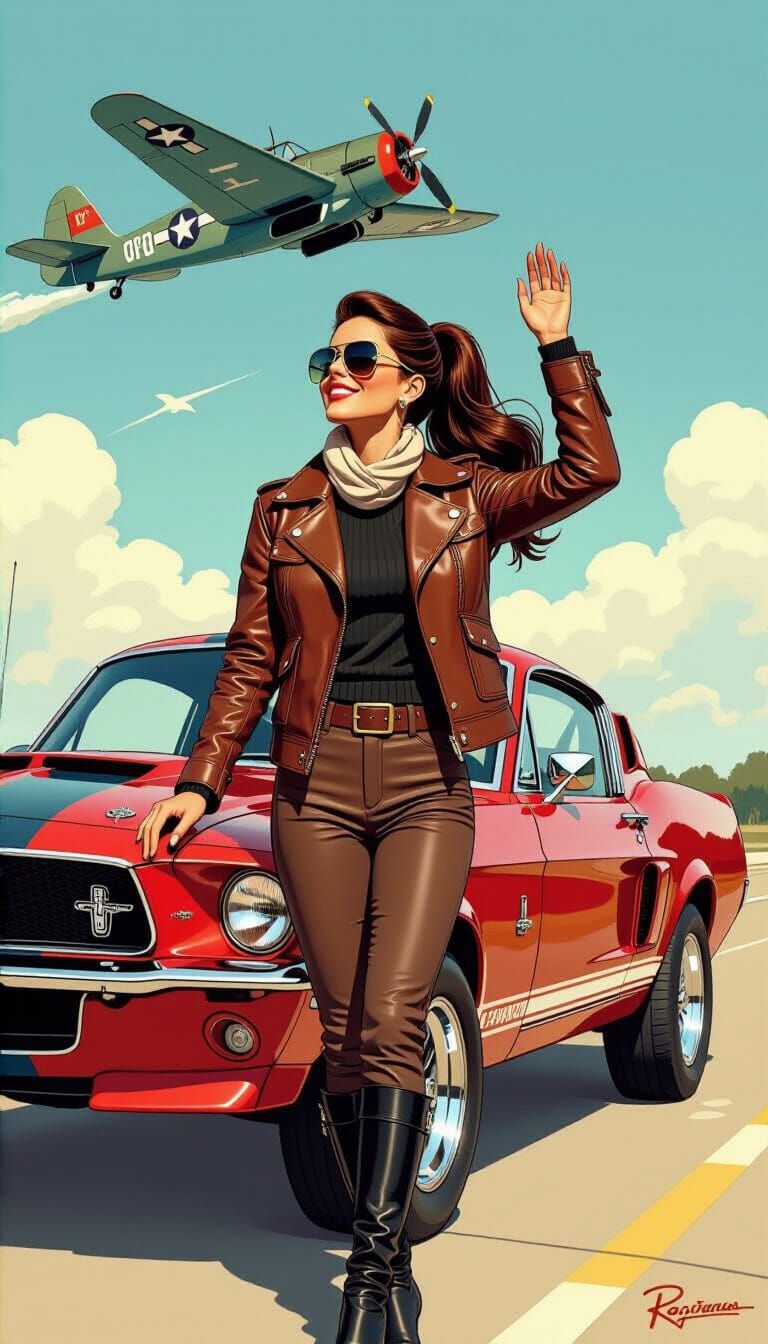 Brunette Pilot Waving at Corsair in Comic Art Style