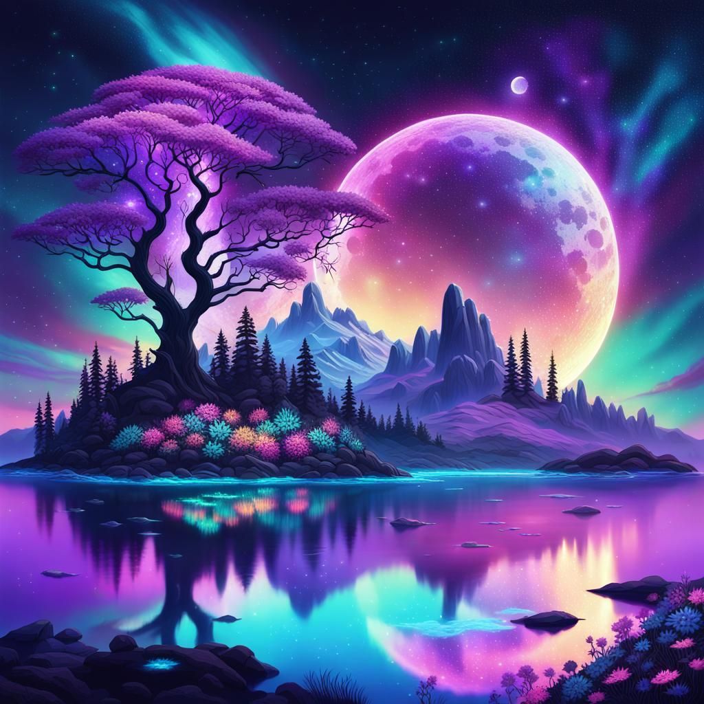 Iridescent Moonlit Fantasy Landscape in Aetherpunk Style