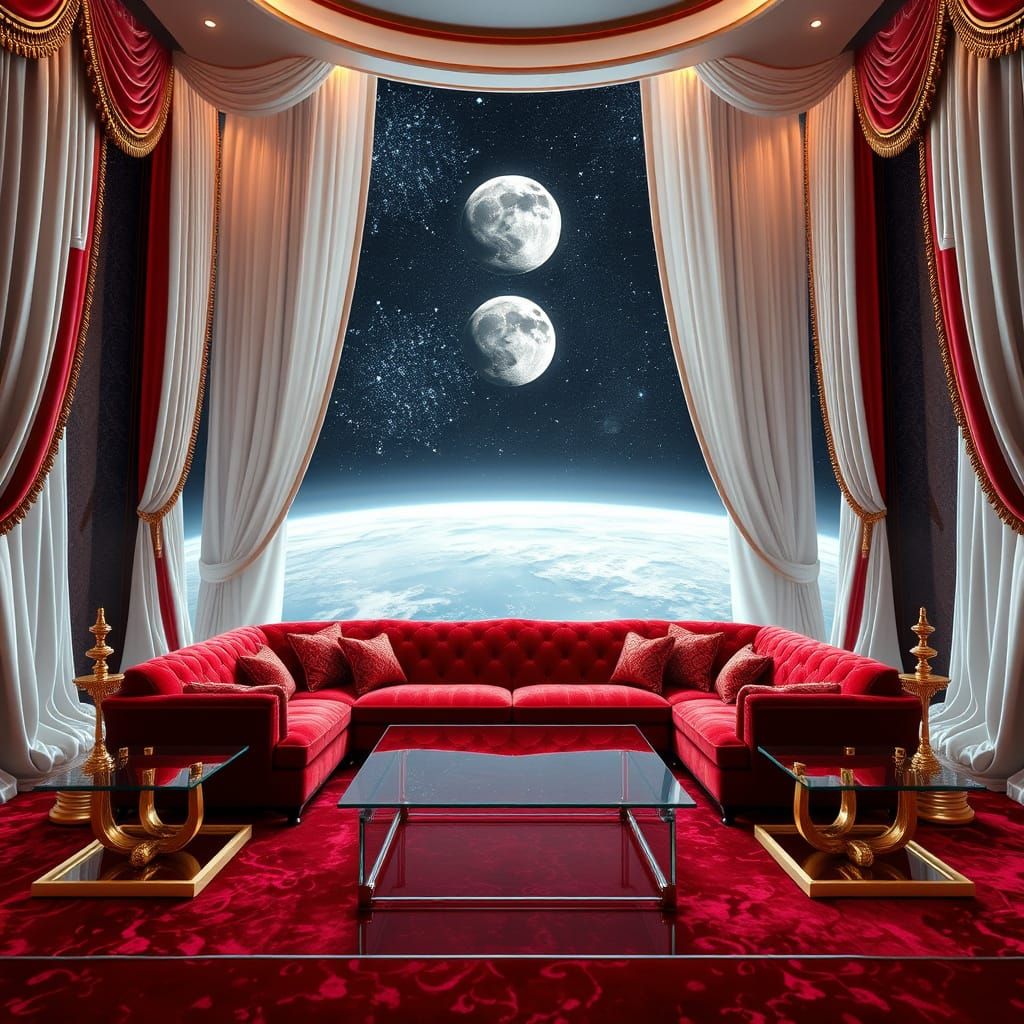 Sleek, Futuristic Living Room with Crimson Velvet Sofa and G...