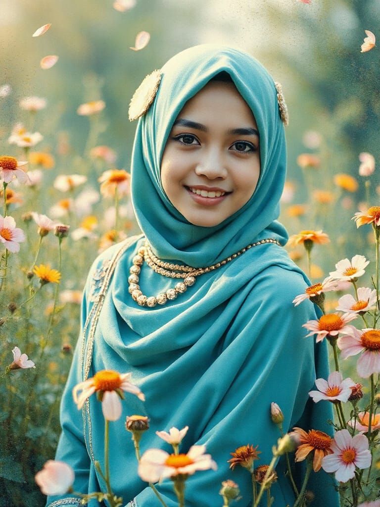 Ethereal Malay Girl in Wildflower Meadow, Art Nouveau