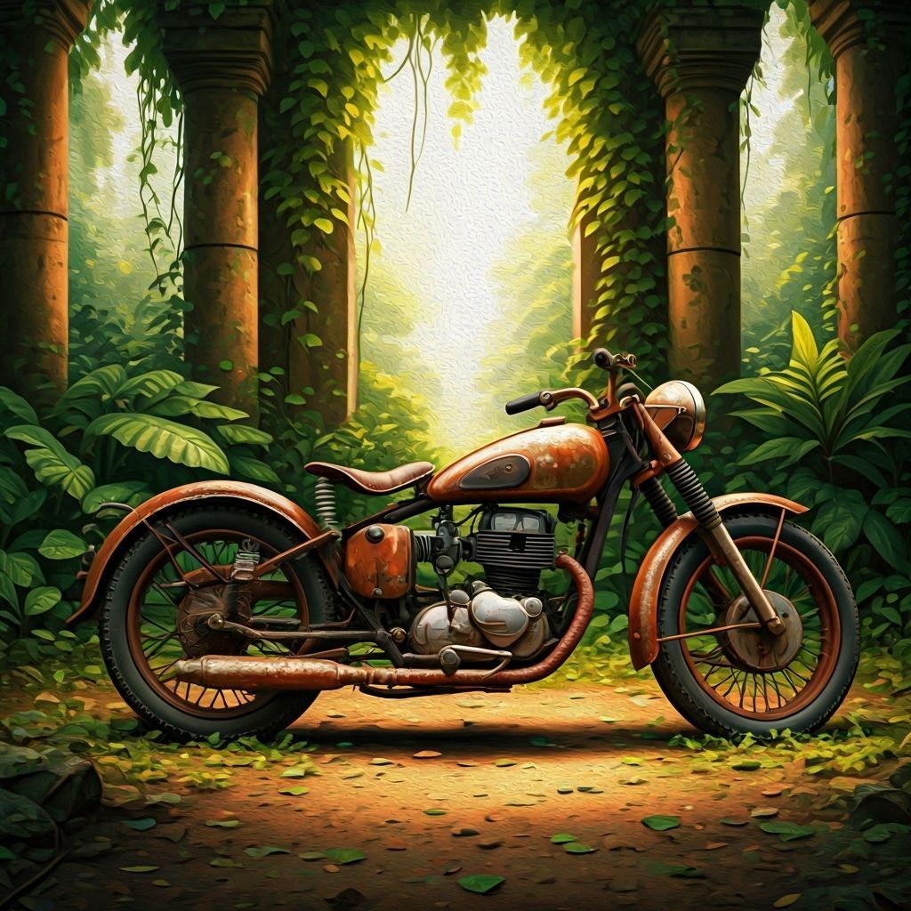 Vintage Motorcycle in Jungle Clearing, Oil Painting Style