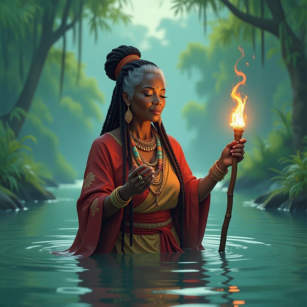 Majestic African Woman in River Speaking to Spirits