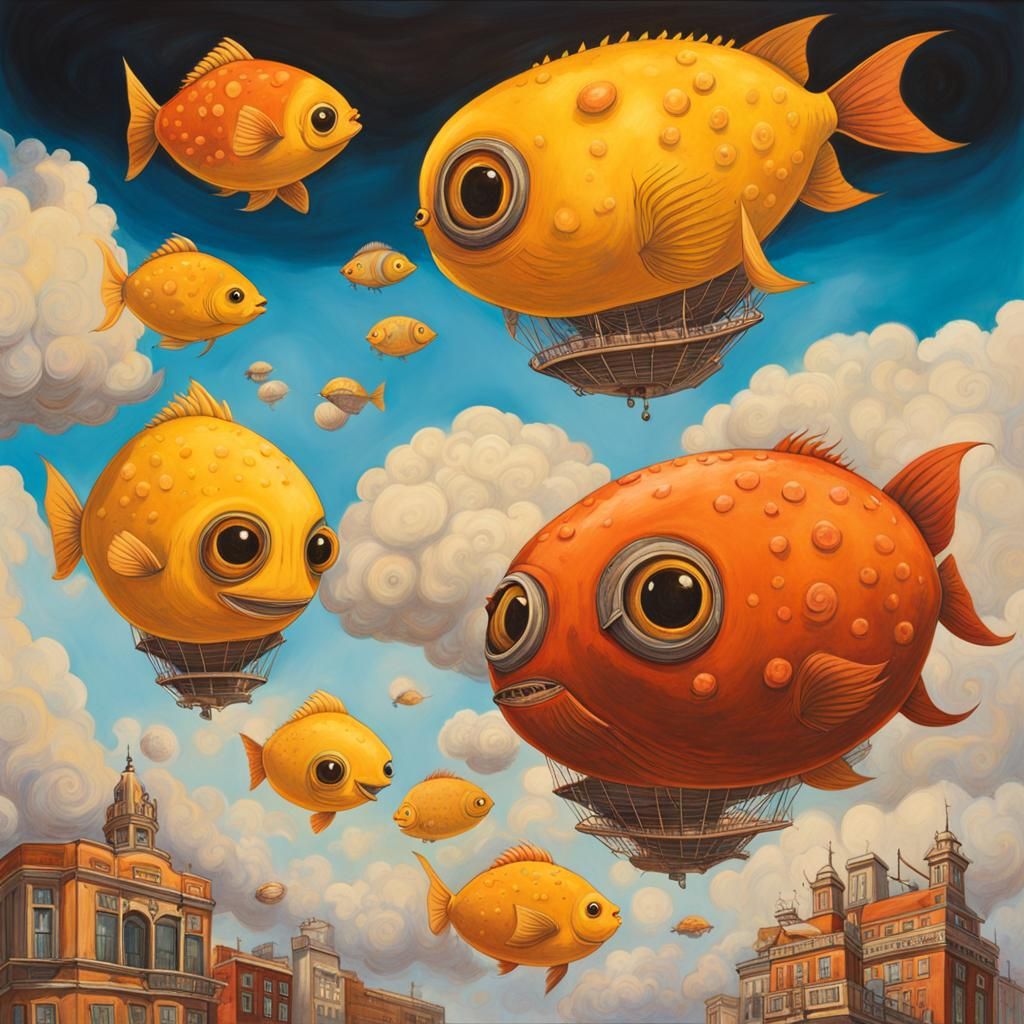 Giant Beings Floating in Yellow Clouds, Graffiti Art