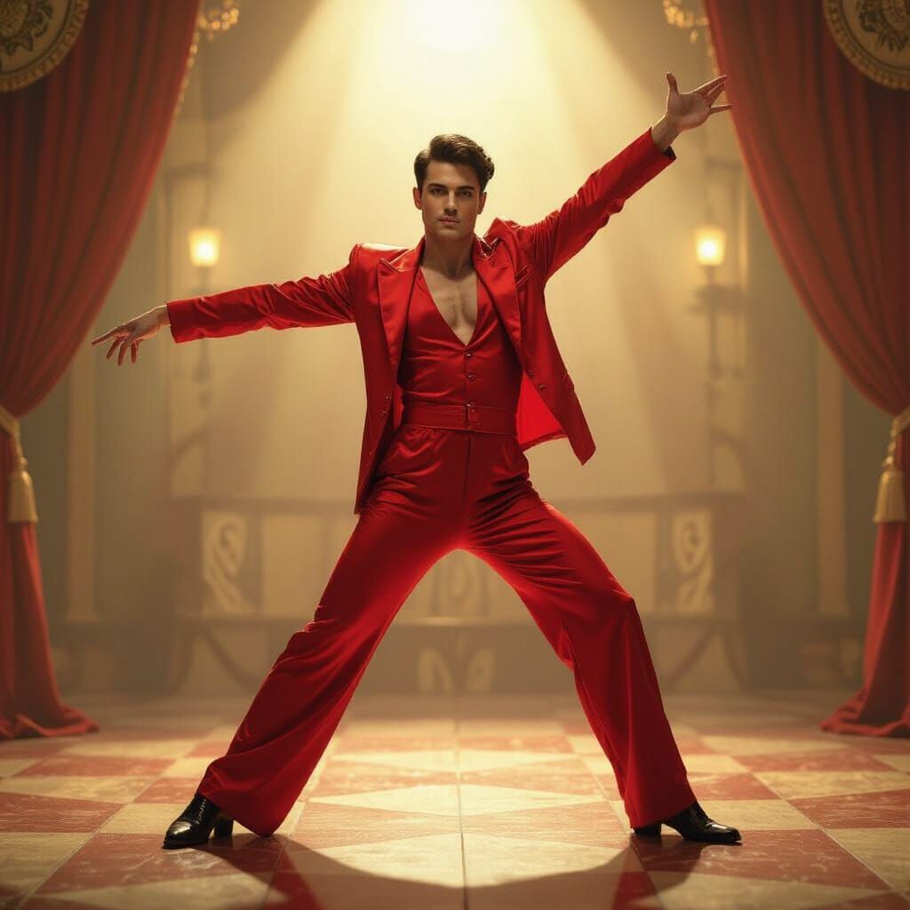 Contortionist in Red Jumpsuit, Vintage Carnival Setting