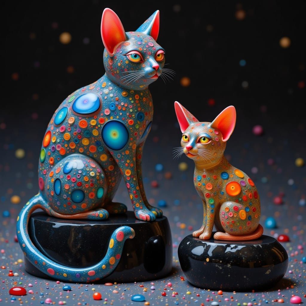 Feline Glass Sculptures on Obsidian with Psychedelic Glow
