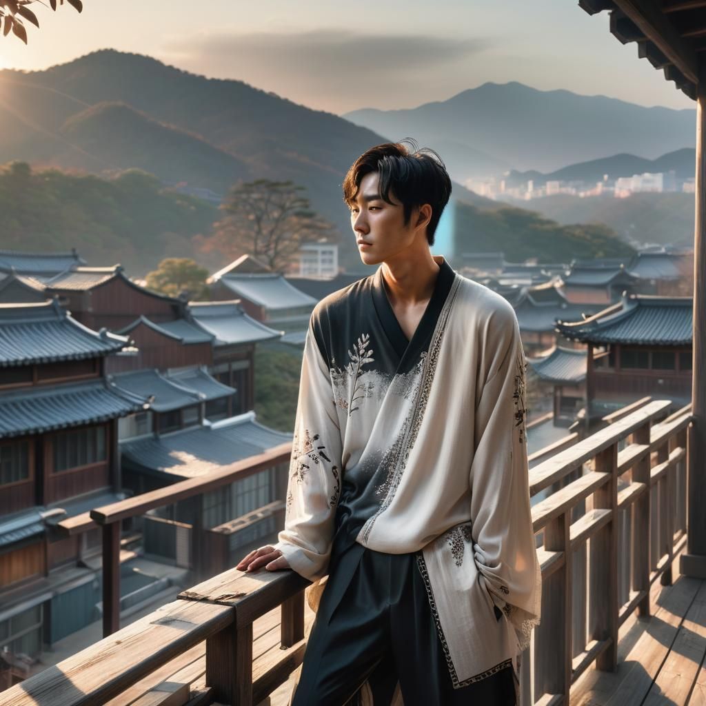 Korean Man Gazing at Seoul Sunrise: Cinematic Film Still