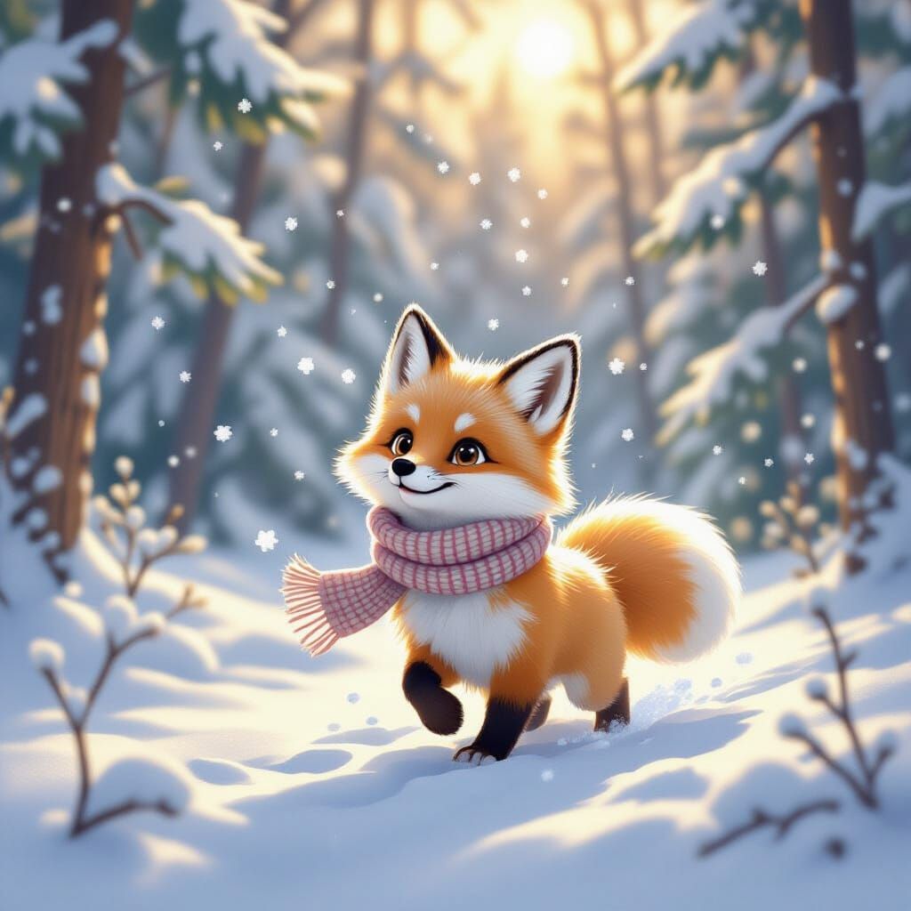 Fluffy Arctic Fox Chasing Snowflakes in Sunlit Forest