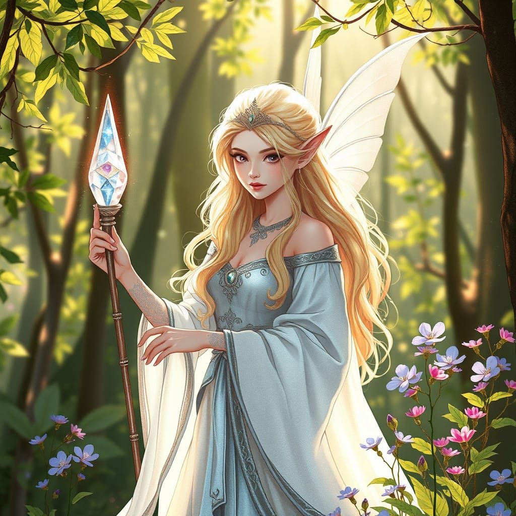 Surreal Forest Goddess in Shimmering Silver Robes Channels C...