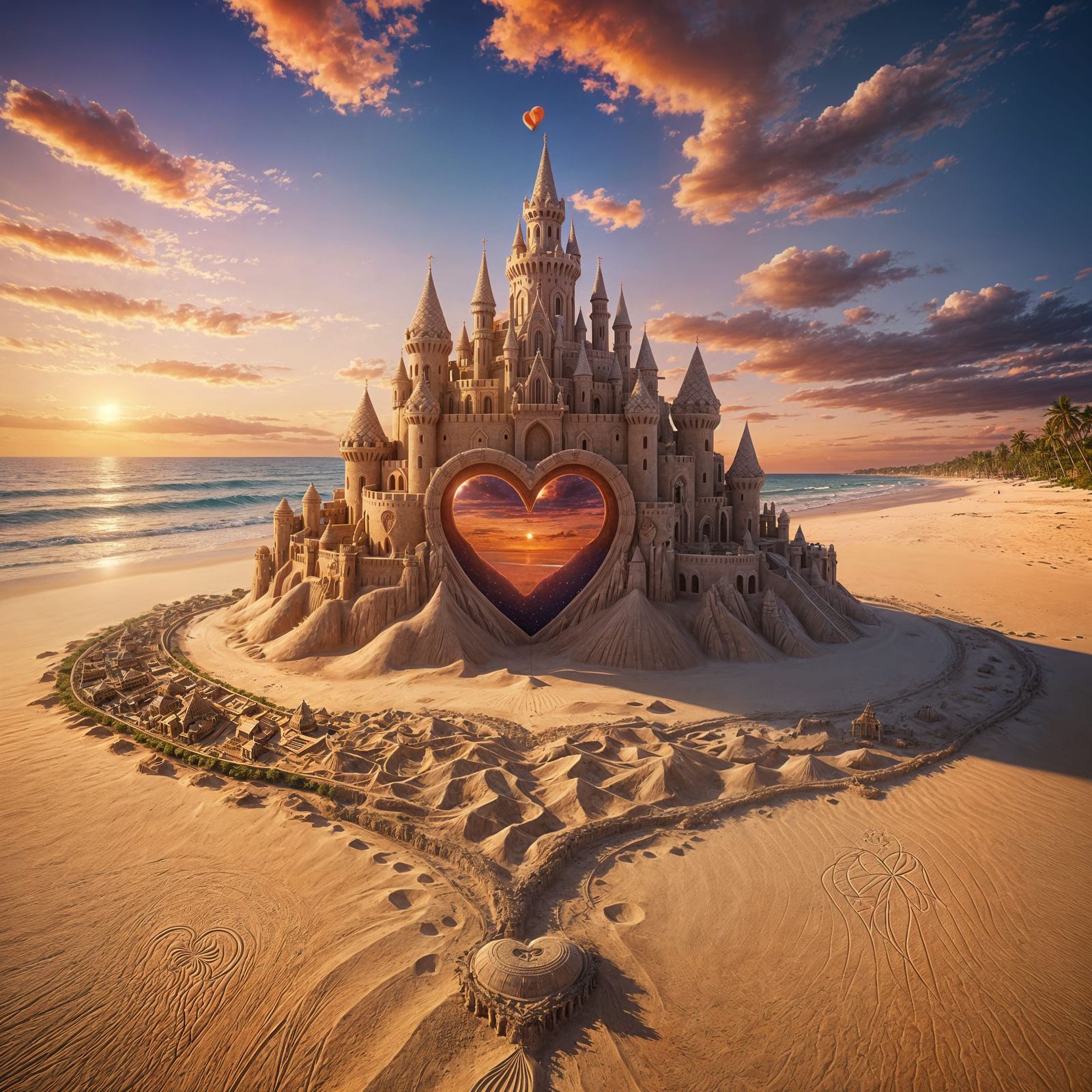 Heart Sandcastle at Sunset: Fantastical Matte Painting