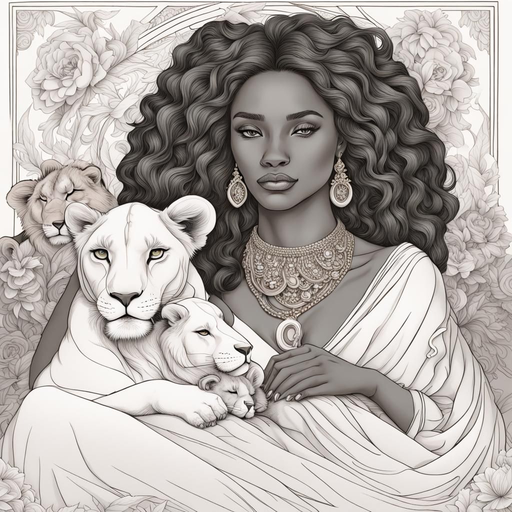 Elegant Line Art: Lioness, Cubs, and Woman