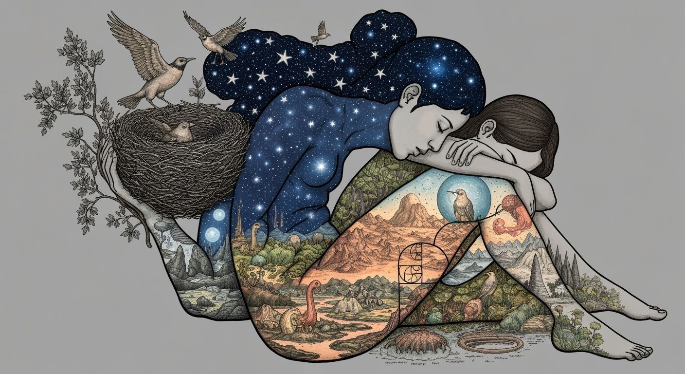 Woman Carrying Star Nest, Birds Merged With Form