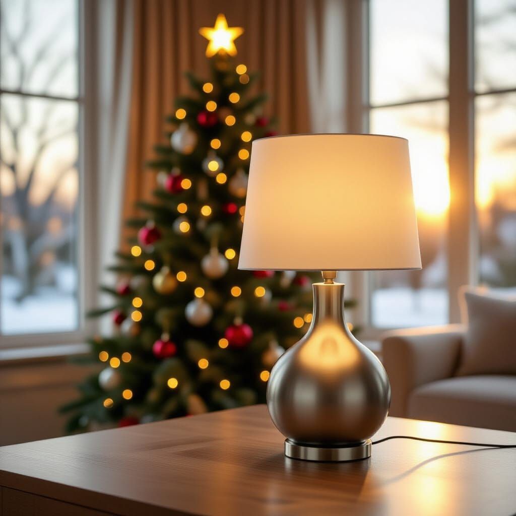 Sleek Lumo Lamp by a Christmas Tree in Morning Sun