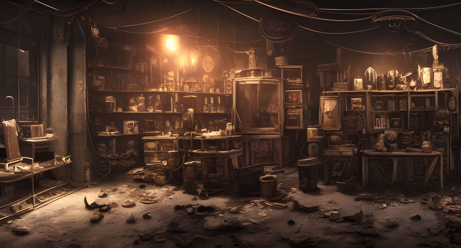 Dark Futuristic Magic Shop in Post-Apocalyptic Style