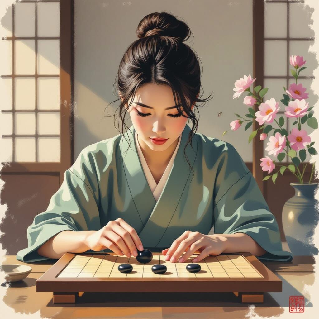 Woman Concentrates on Go Game in Nihonga Style