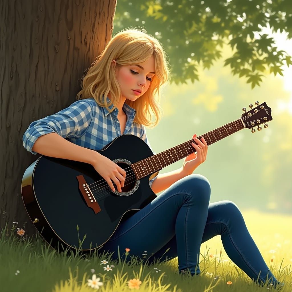 Teenage Girl Plays Guitar Under Oak Tree in Dappled Sunlight