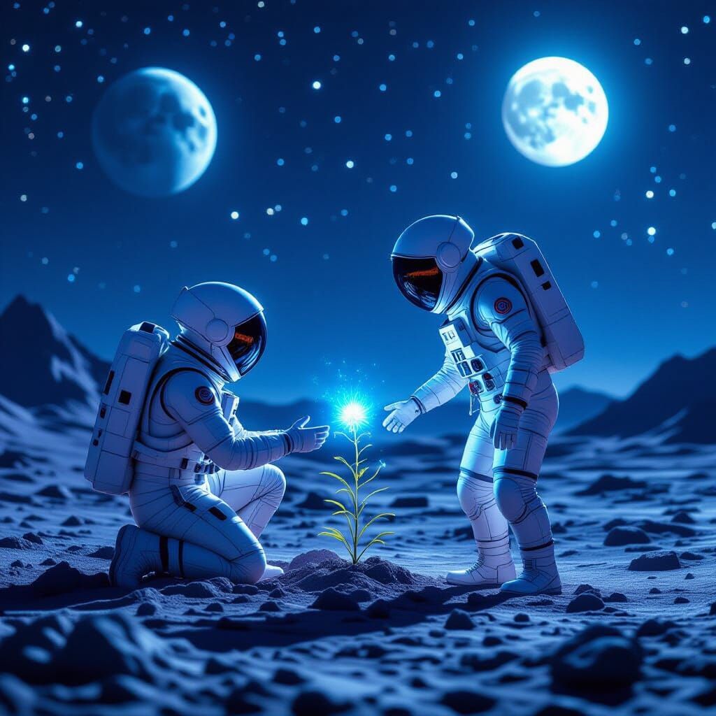 Astronaut Discovers Alien Bloom Under Starry Sky