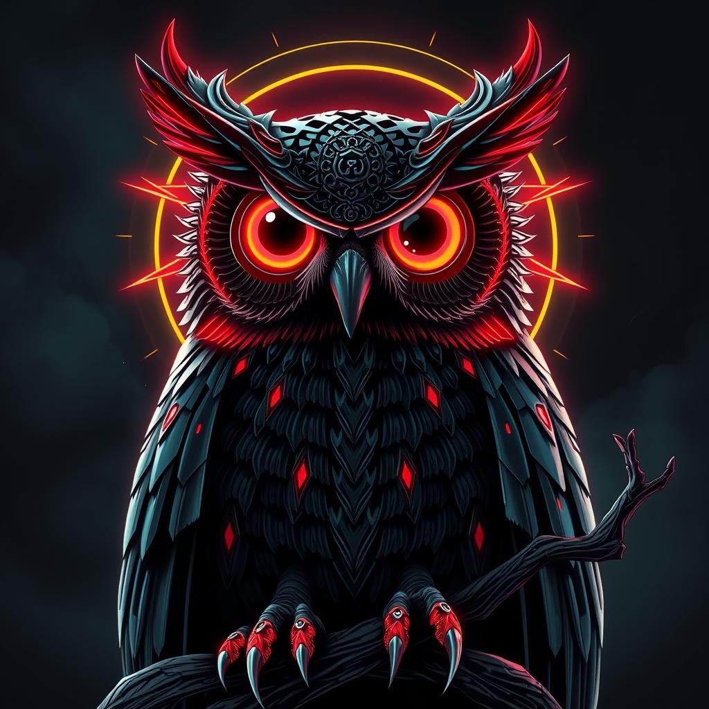 Neon Mechanical Owl in Psychedelic Style